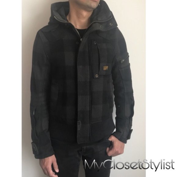 G STAR RAW Jacket Coat Plaid Wool Bomber Hood S M